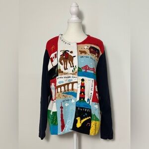 ASHTON'S OF LONDON Vintage Embroidered Novelty Canada Province Cardigan Size XXL